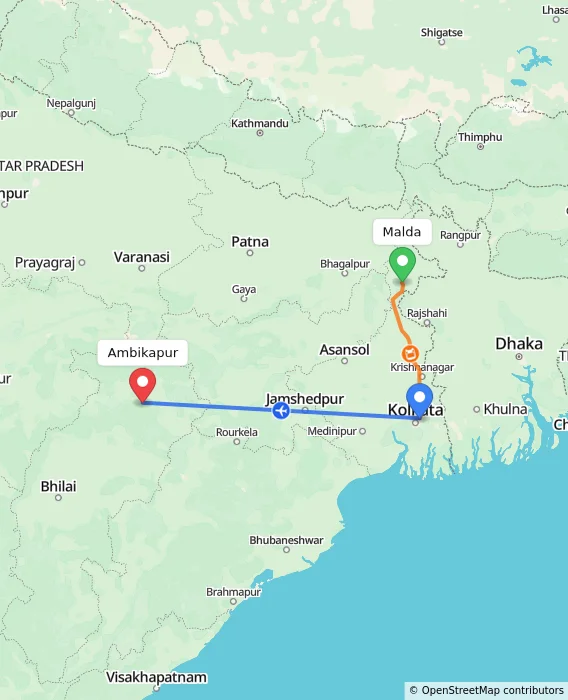 Route map showing distance and travel time from Malda, India to Ambikapur, India