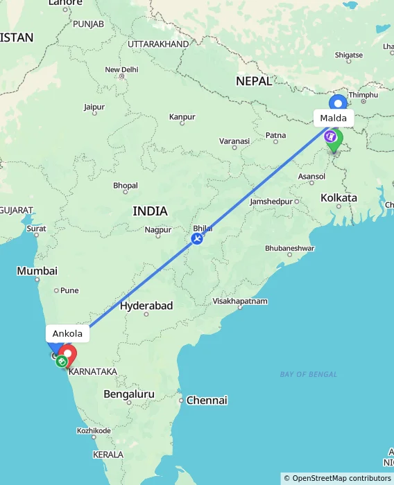 Route map showing distance and travel time from Malda, India to Ankola, India