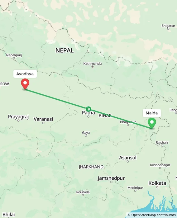Route map showing distance and travel time from Malda, India to Ayodhya, India