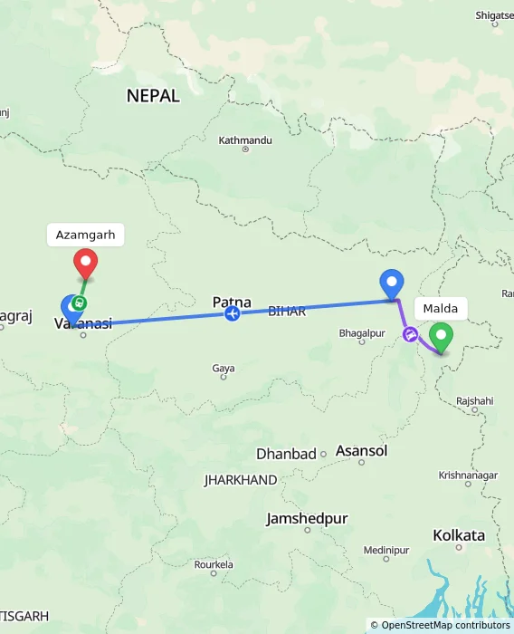 Route map showing distance and travel time from Malda, India to Azamgarh, India