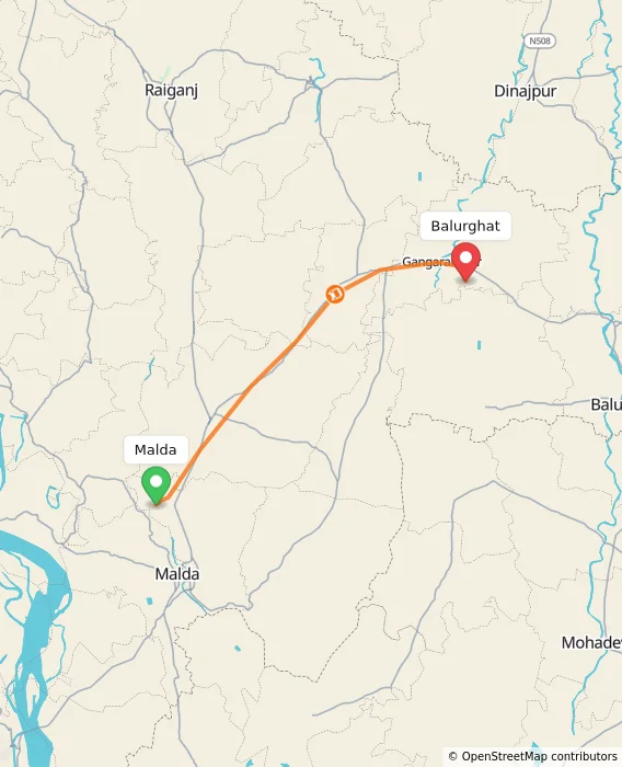Route map showing distance and travel time from Malda, India to Balurghat, India