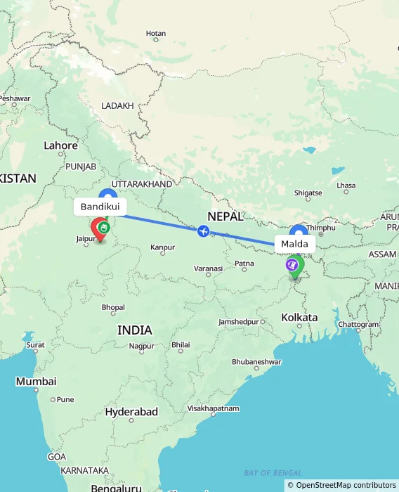 Route map showing distance and travel time from Malda, India to Bandikui, India