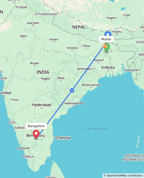 Route map showing distance and travel time from Malda, India to Bangalore, India