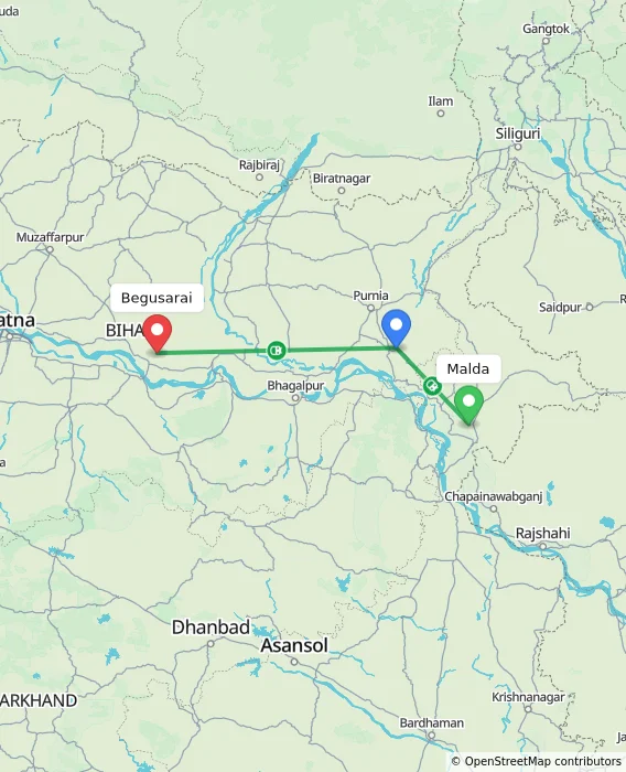 Route map showing distance and travel time from Malda, India to Begusarai, India
