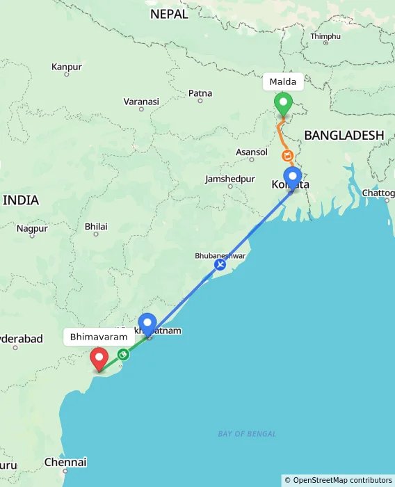 Route map showing distance and travel time from Malda, India to Bhimavaram, India