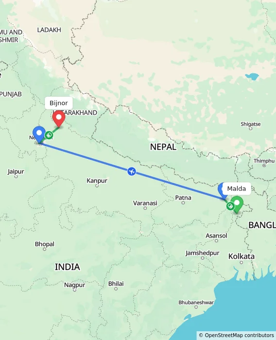 Route map showing distance and travel time from Malda, India to Bijnor, India