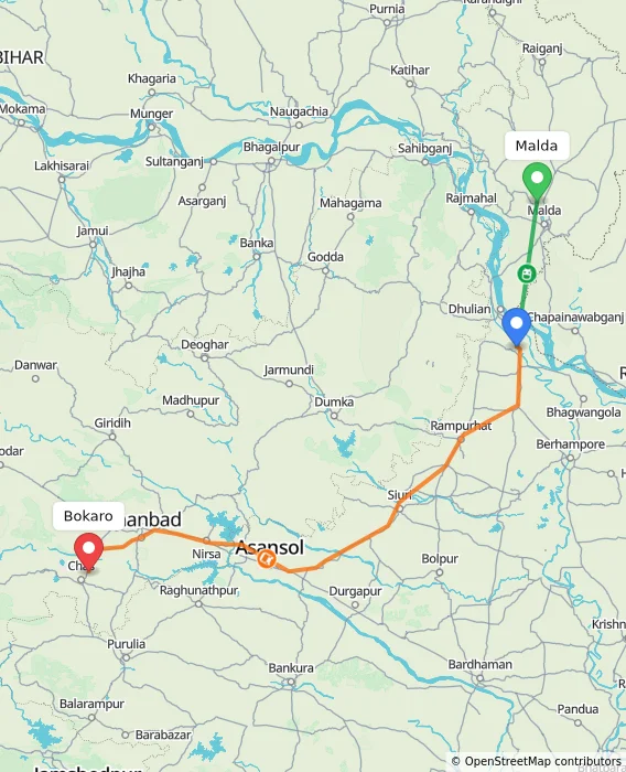 Route map showing distance and travel time from Malda, India to Bokaro, India