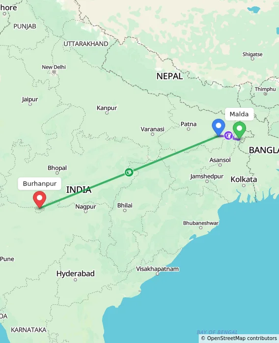 Route map showing distance and travel time from Malda, India to Burhanpur, India