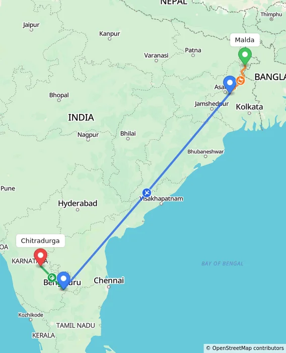 Route map showing distance and travel time from Malda, India to Chitradurga, India