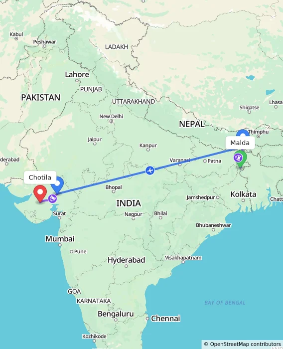 Route map showing distance and travel time from Malda, India to Chotila, India