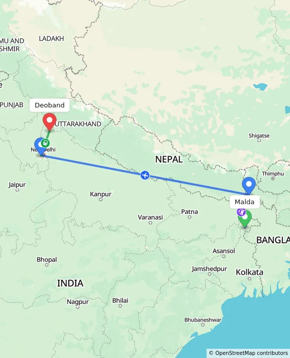 Route map showing distance and travel time from Malda, India to Deoband, India