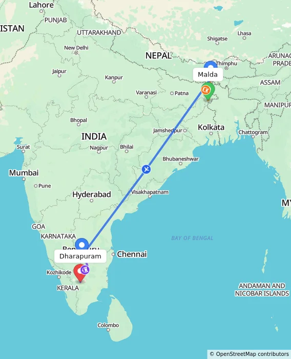Route map showing distance and travel time from Malda, India to Dharapuram, India