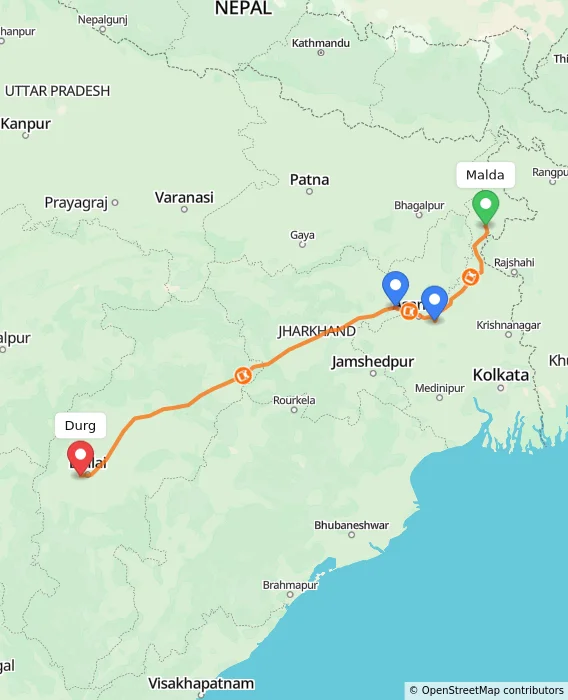 Route map showing distance and travel time from Malda, India to Durg, India