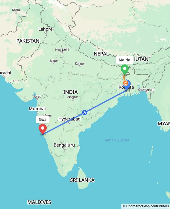 Route map showing distance and travel time from Malda, India to Goa, India