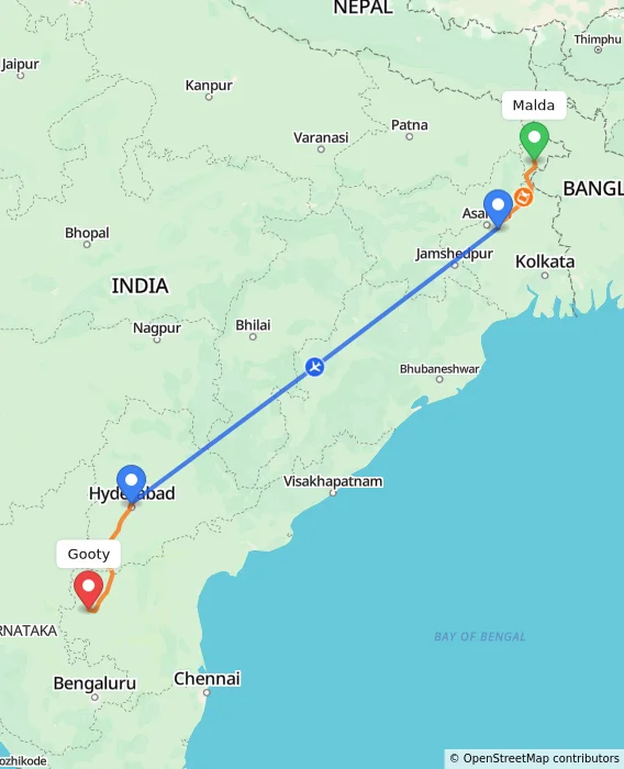 Route map showing distance and travel time from Malda, India to Gooty, India