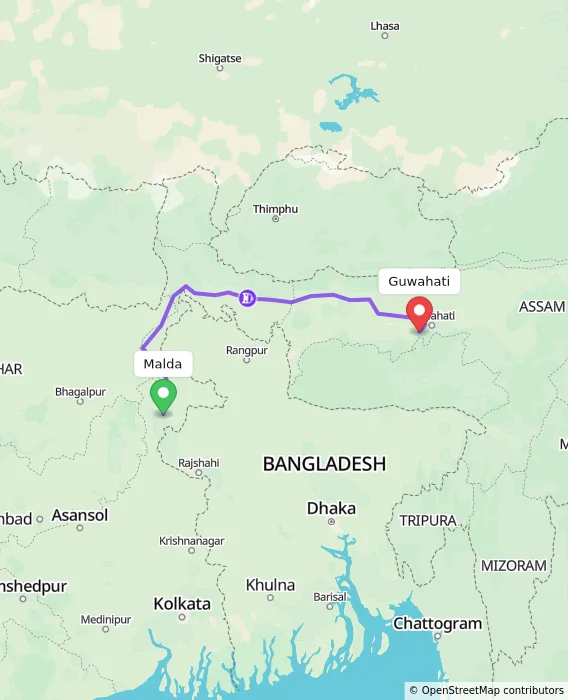 Route map showing distance and travel time from Malda, India to Guwahati, India