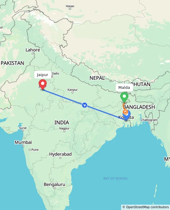 Route map showing distance and travel time from Malda, India to Jaipur, India