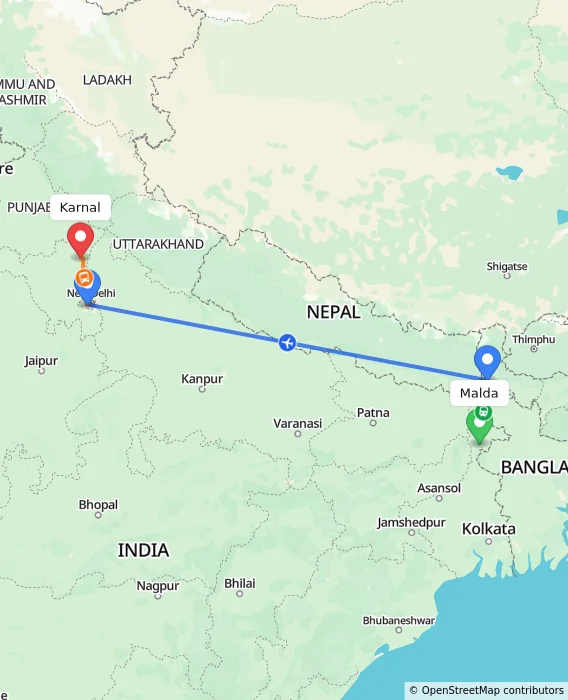 Route map showing distance and travel time from Malda, India to Karnal, India
