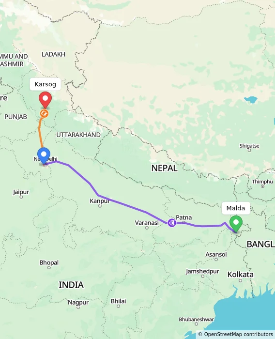Route map showing distance and travel time from Malda, India to Karsog, India