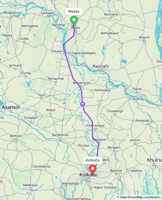 Route map showing distance and travel time from Malda, India to Kolkata, India