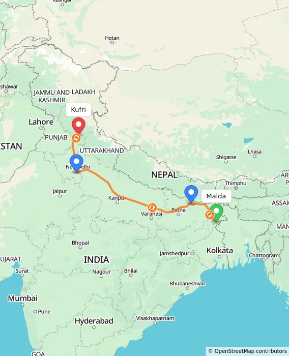 Route map showing distance and travel time from Malda, India to Kufri, India