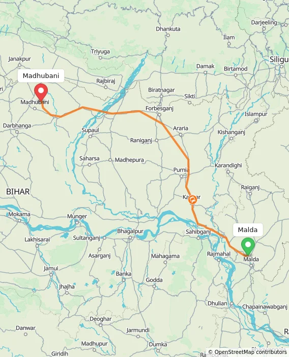 Route map showing distance and travel time from Malda, India to Madhubani, India