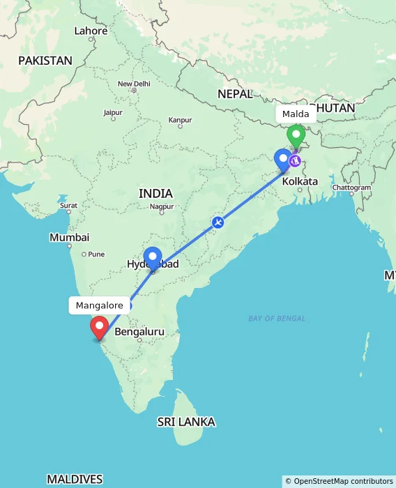 Route map showing distance and travel time from Malda, India to Mangalore, India