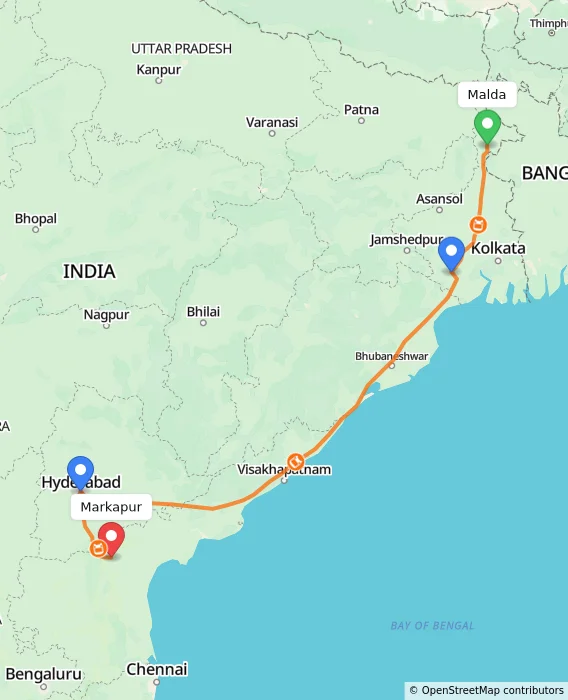 Route map showing distance and travel time from Malda, India to Markapur, India
