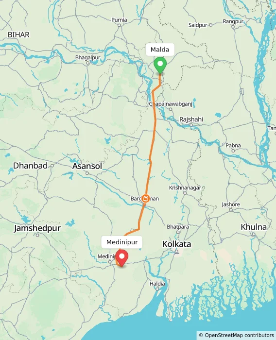 Route map showing distance and travel time from Malda, India to Medinipur, India