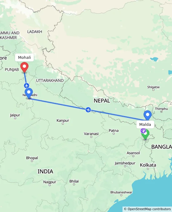 Route map showing distance and travel time from Malda, India to Mohali, India