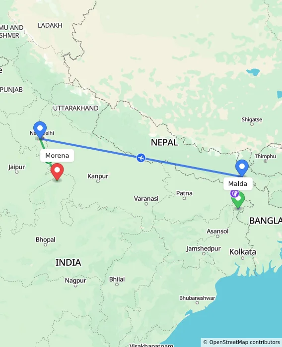 Route map showing distance and travel time from Malda, India to Morena, India
