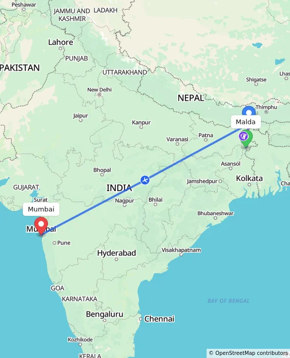 Route map showing distance and travel time from Malda, India to Mumbai, India