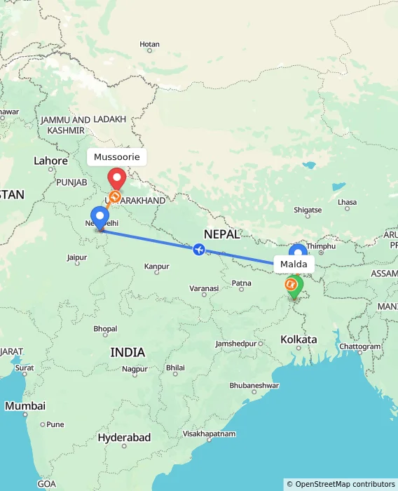 Route map showing distance and travel time from Malda, India to Mussoorie, India