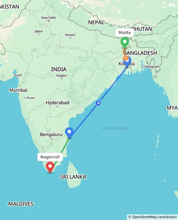 Route map showing distance and travel time from Malda, India to Nagercoil, India