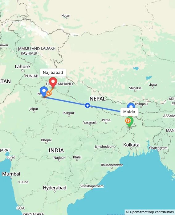 Route map showing distance and travel time from Malda, India to Najibabad, India