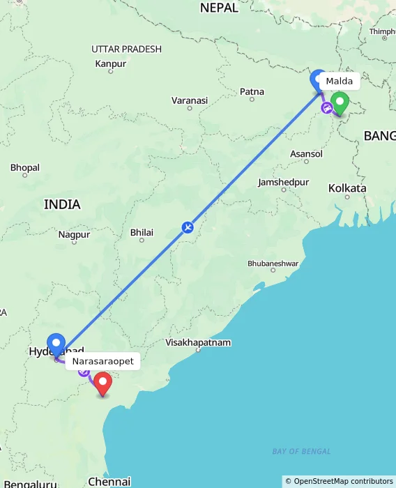 Route map showing distance and travel time from Malda, India to Narasaraopet, India