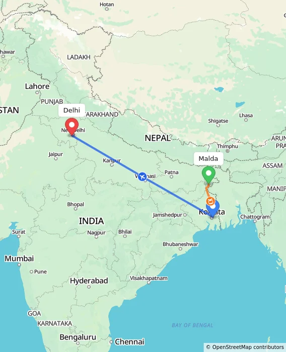 Route map showing distance and travel time from Malda, India to Delhi, India