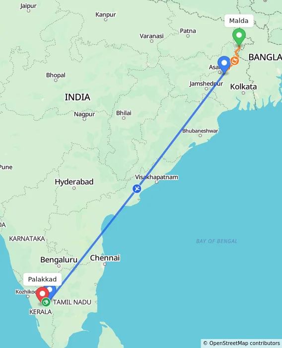 Route map showing distance and travel time from Malda, India to Palakkad, India