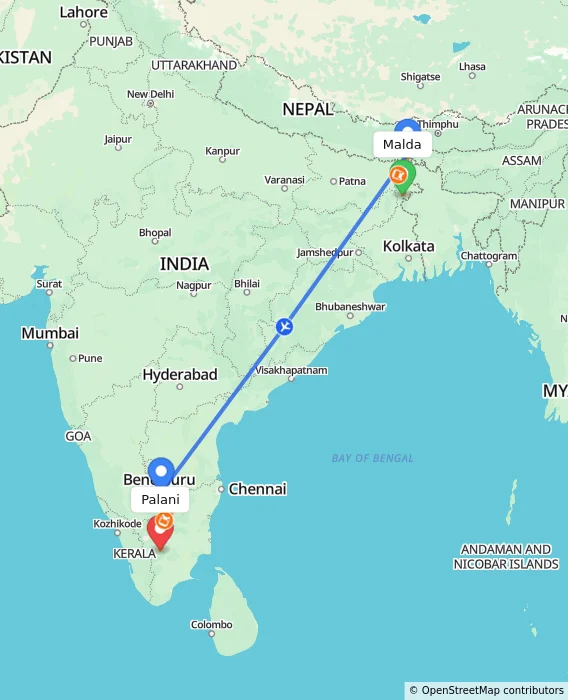 Route map showing distance and travel time from Malda, India to Palani, India