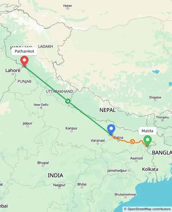 Route map showing distance and travel time from Malda, India to Pathankot, India
