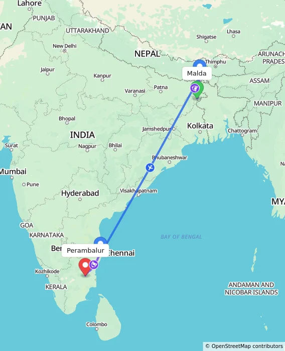 Route map showing distance and travel time from Malda, India to Perambalur, India