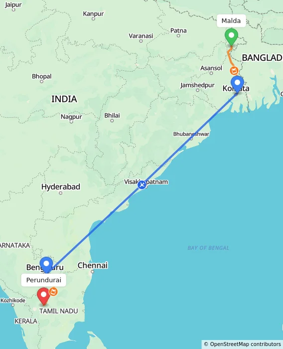 Route map showing distance and travel time from Malda, India to Perundurai, India
