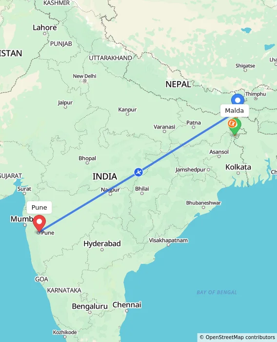 Route map showing distance and travel time from Malda, India to Pune, India