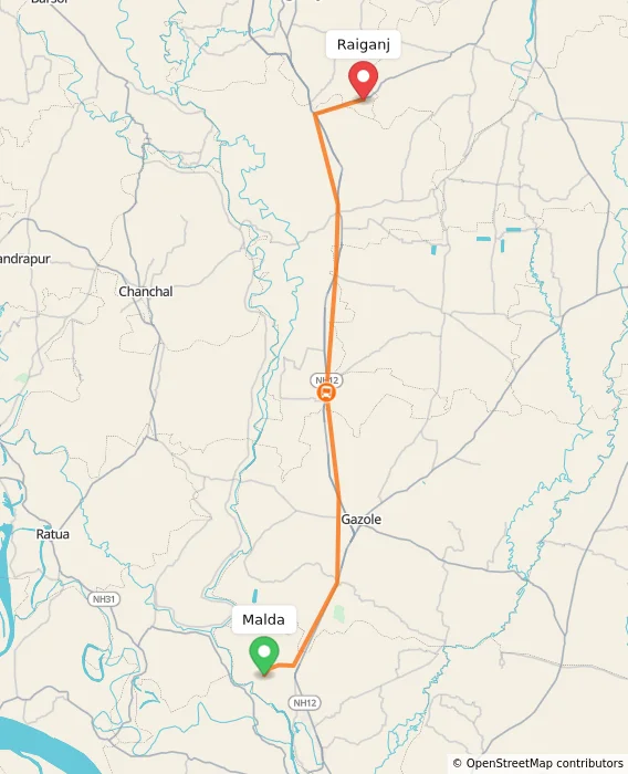 Route map showing distance and travel time from Malda, India to Raiganj, India