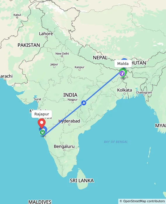Route map showing distance and travel time from Malda, India to Rajapur, India