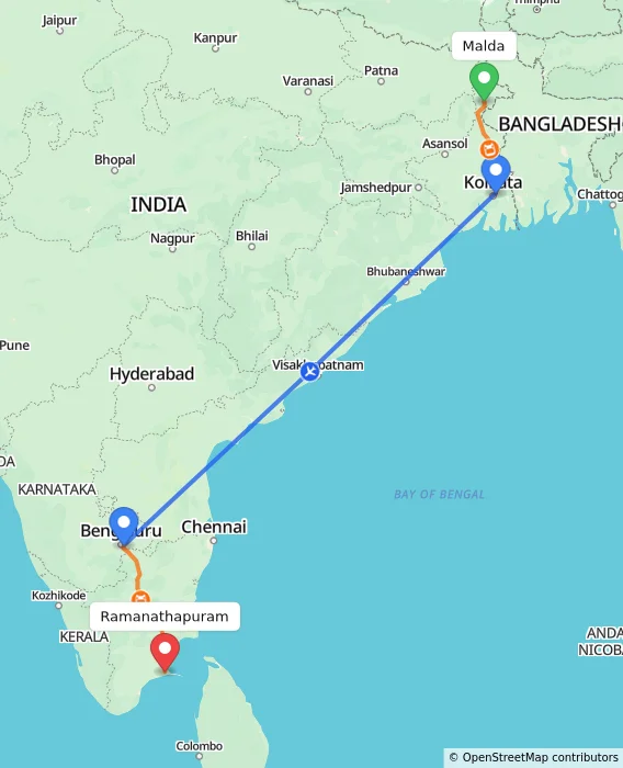 Route map showing distance and travel time from Malda, India to Ramanathapuram, India