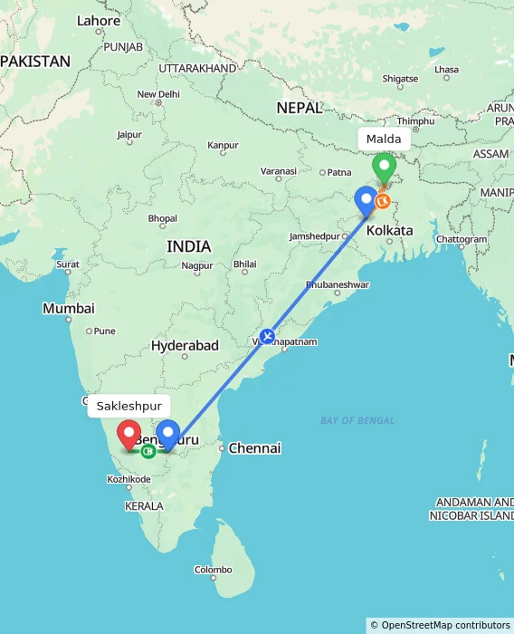 Route map showing distance and travel time from Malda, India to Sakleshpur, India