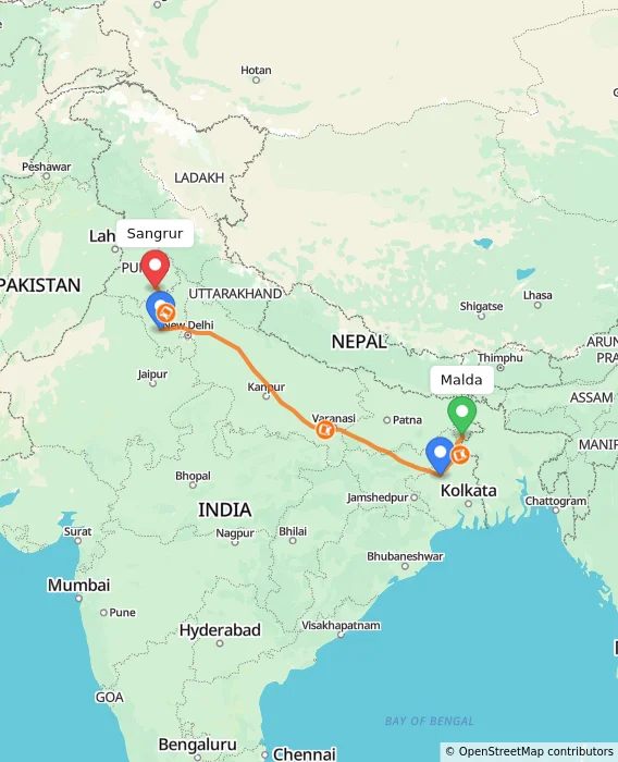 Route map showing distance and travel time from Malda, India to Sangrur, India