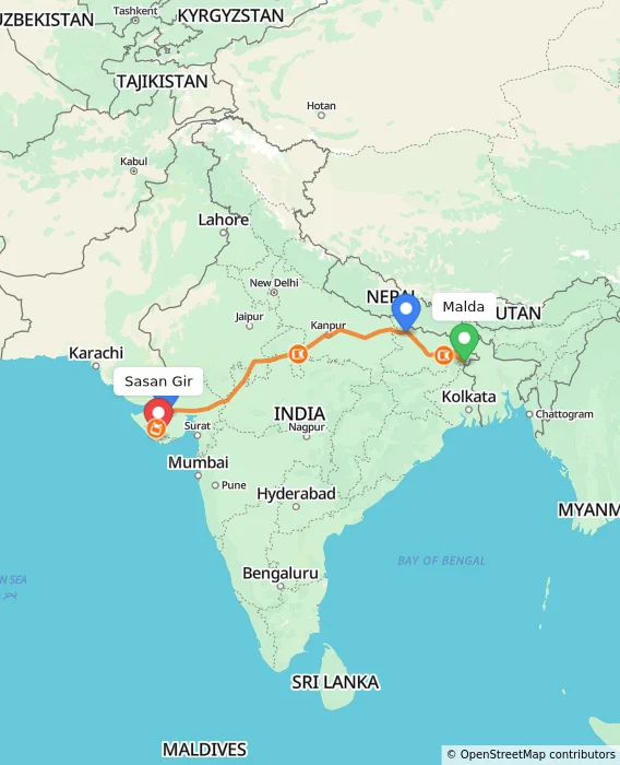 Route map showing distance and travel time from Malda, India to Sasan Gir, India