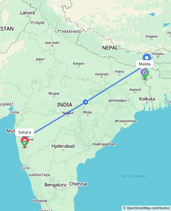 Route map showing distance and travel time from Malda, India to Satara, India